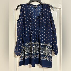 Ladies Navy and Cream Patterned Blouse